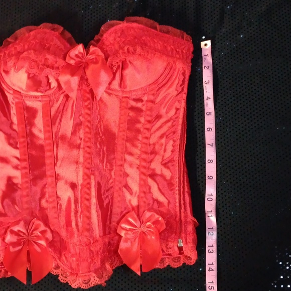Lace Ruffled Very Red Satin Corset With Bows, Lace Up Back & Side Zipper (M) - Picture 6 of 16